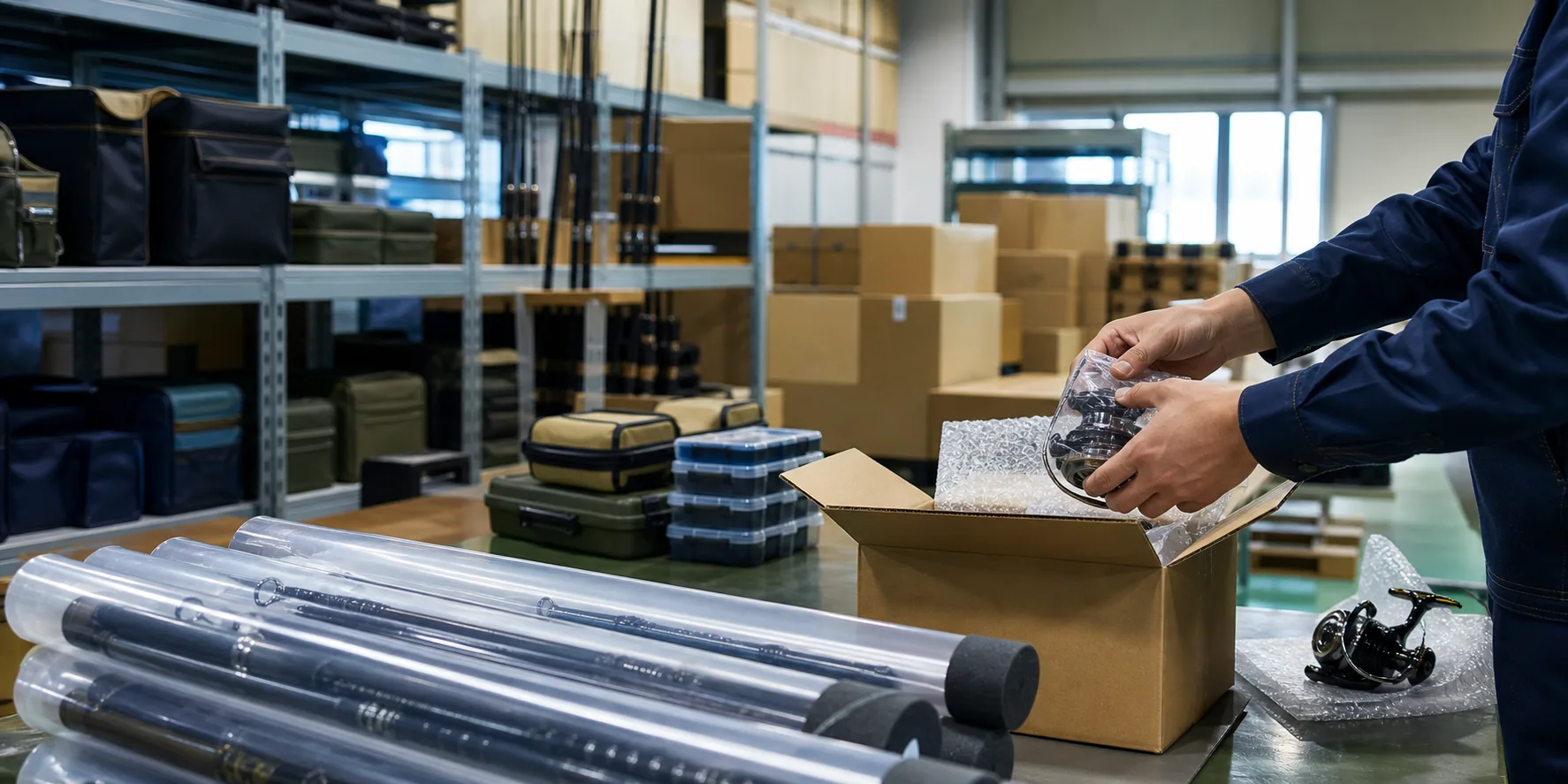 Warehouse team organizing fishing tackle for overseas shipment