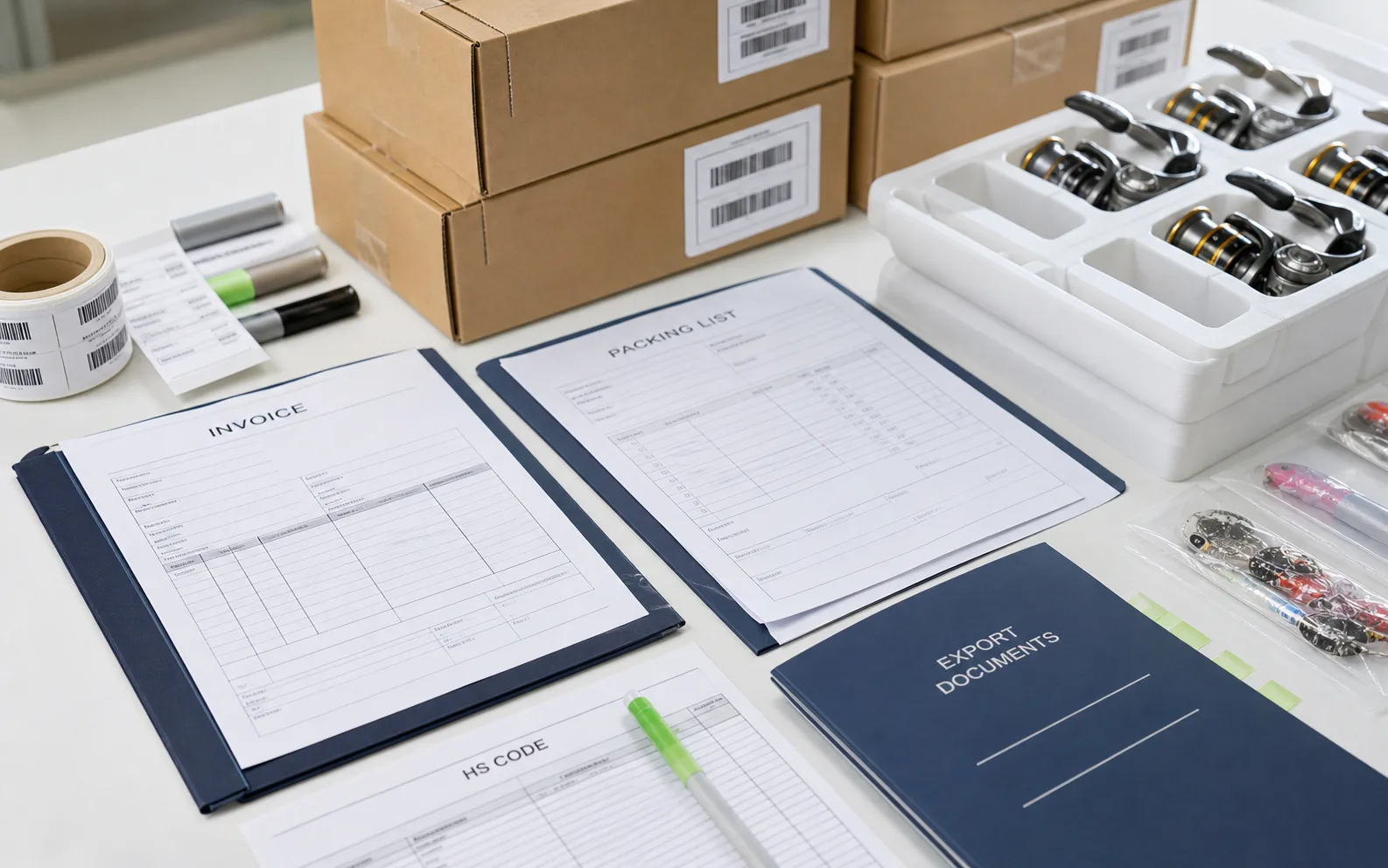 Invoice, packing list, HS code, and export documents organized for fishing tackle shipment