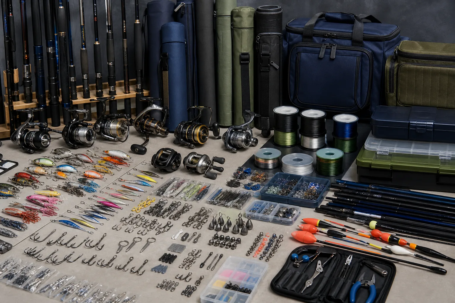 Assorted Japanese fishing tackle categories arranged for wholesale