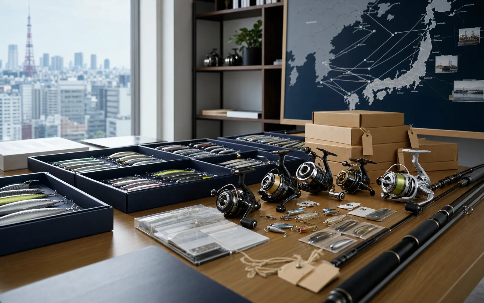 Tokyo office reviewing Japanese fishing tackle sourcing network and export destinations